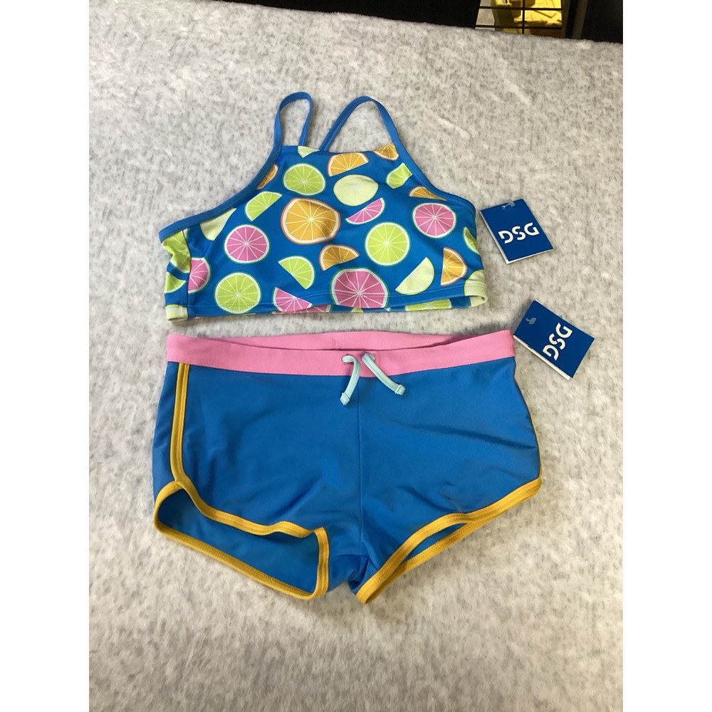 DSG Girls Strappy Halter Swim Top Dolphin Hem Short Set Blue Citrus Fruit Size L